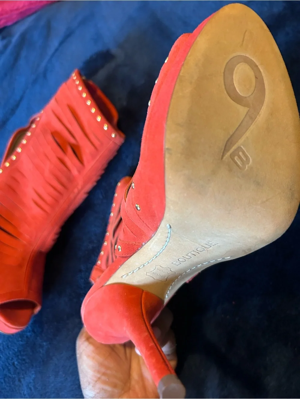 Boutique 9 Reddish Orange Suede Peep-Toe Platform Bootie with Gold Studs